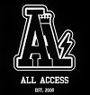 Black and white logo with stylized "A" and lightning bolt, reading "ALL ACCESS EST. 2006".