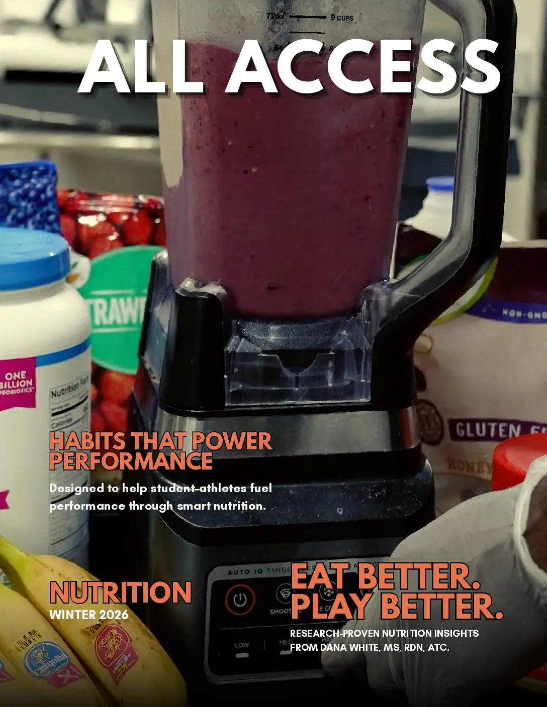 A blender filled with a purple smoothie surrounded by various healthy supplements.