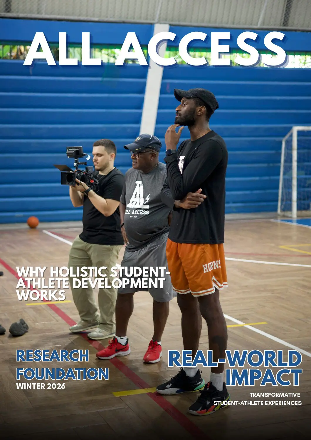 Two men filming a student athlete practicing basketball indoors.