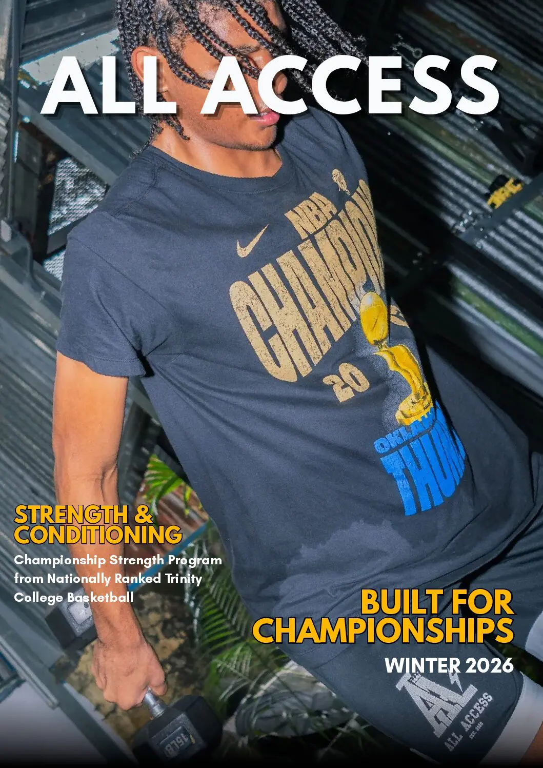Man wearing a Golden State Warriors NBA championship shirt.